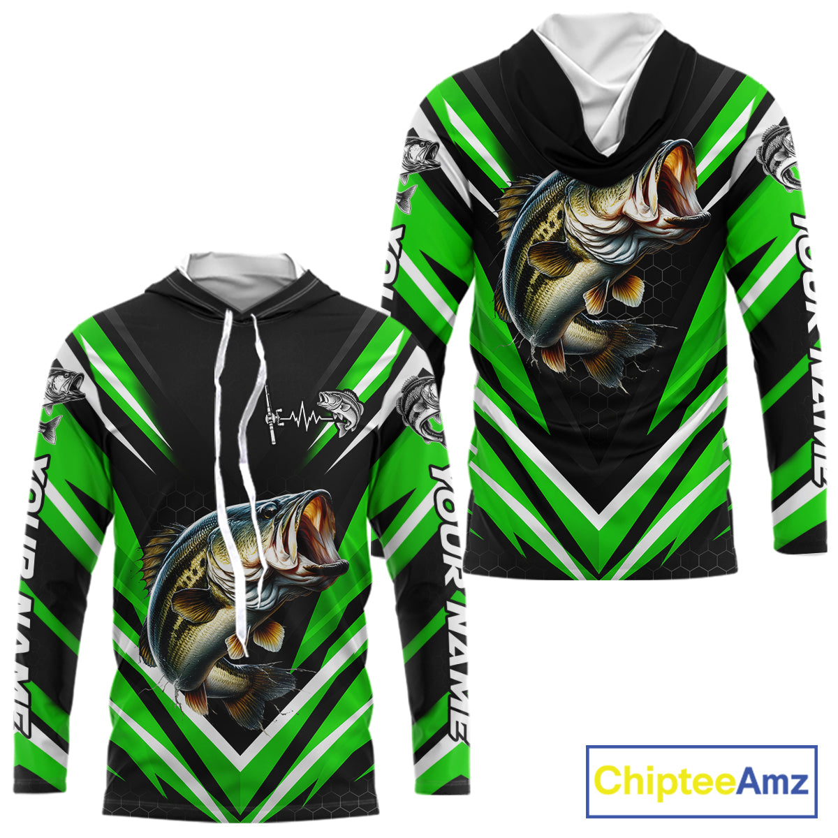 Largemouth Bass Fishing Long Sleeve Hooded Shirt Custom Green Black Fish Performance Jersey NHT1640