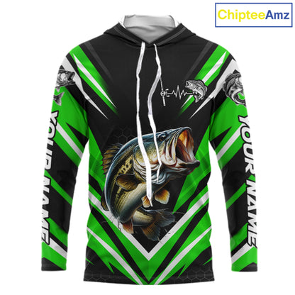 Largemouth Bass Fishing Long Sleeve Hooded Shirt Custom Green Black Fish Performance Jersey NHT1640