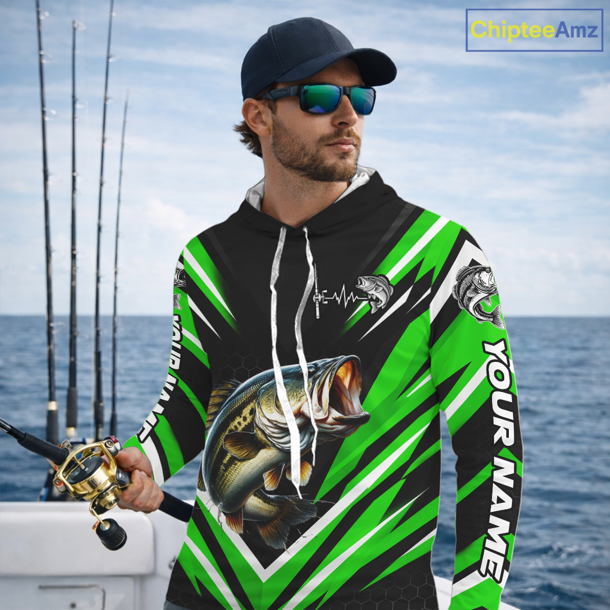 Largemouth Bass Fishing Long Sleeve Hooded Shirt Custom Green Black Fish Performance Jersey NHT1640