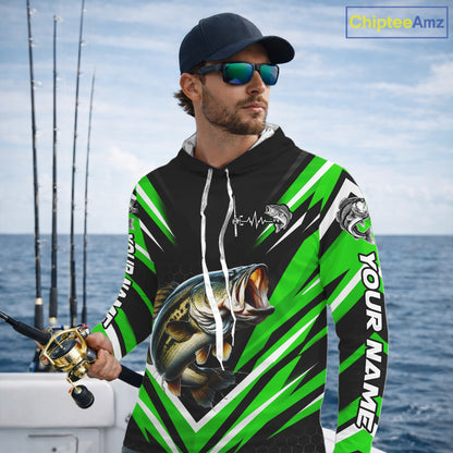 Largemouth Bass Fishing Long Sleeve Hooded Shirt Custom Green Black Fish Performance Jersey NHT1640