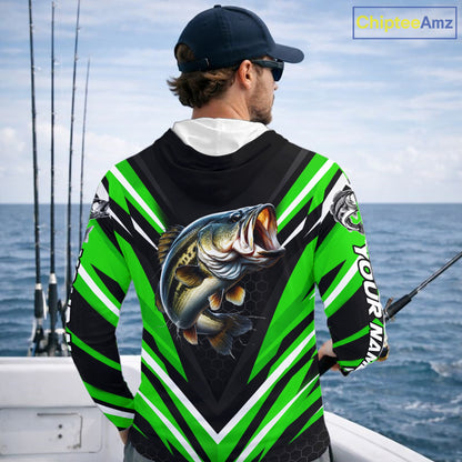 Largemouth Bass Fishing Long Sleeve Hooded Shirt Custom Green Black Fish Performance Jersey NHT1640