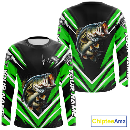 Largemouth Bass Fishing Long Sleeve Shirt Custom Green Black Fish Performance Jersey NHT1640
