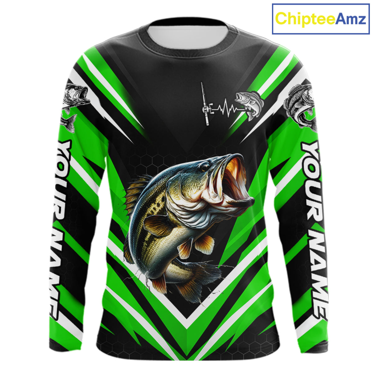 Largemouth Bass Fishing Long Sleeve Shirt Custom Green Black Fish Performance Jersey NHT1640