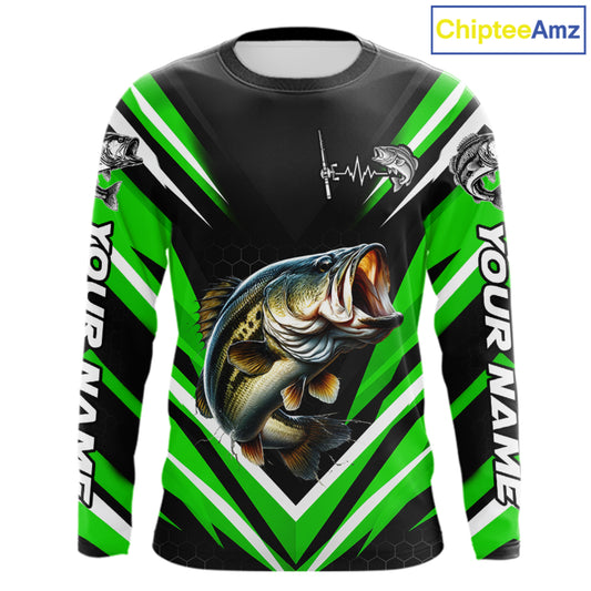 Largemouth Bass Fishing Long Sleeve Shirt Custom Green Black Fish Performance Jersey NHT1640