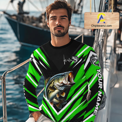 Largemouth Bass Fishing Long Sleeve Shirt Custom Green Black Fish Performance Jersey NHT1640
