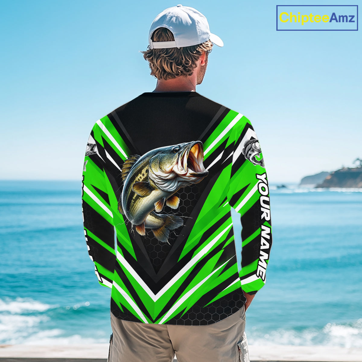 Largemouth Bass Fishing Long Sleeve Shirt Custom Green Black Fish Performance Jersey NHT1640