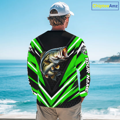 Largemouth Bass Fishing Long Sleeve Shirt Custom Green Black Fish Performance Jersey NHT1640