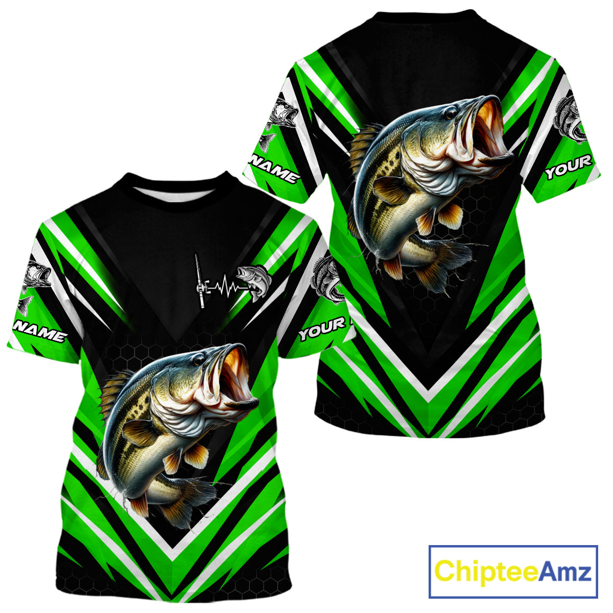 Largemouth Bass Fishing Short Sleeve Shirt Custom Green Black Fish Performance Jersey NHT1640