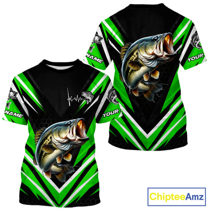 Largemouth Bass Fishing Short Sleeve Shirt Custom Green Black Fish Performance Jersey NHT1640