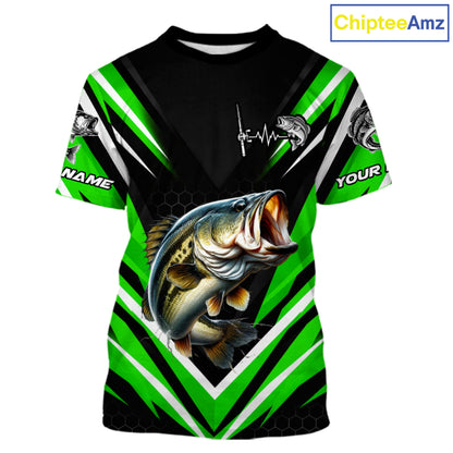 Largemouth Bass Fishing Short Sleeve Shirt Custom Green Black Fish Performance Jersey NHT1640