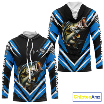 Largemouth Bass Fishing Long Sleeve Hooded Shirt Custom Blue Black Fish Performance Jersey NHT1641