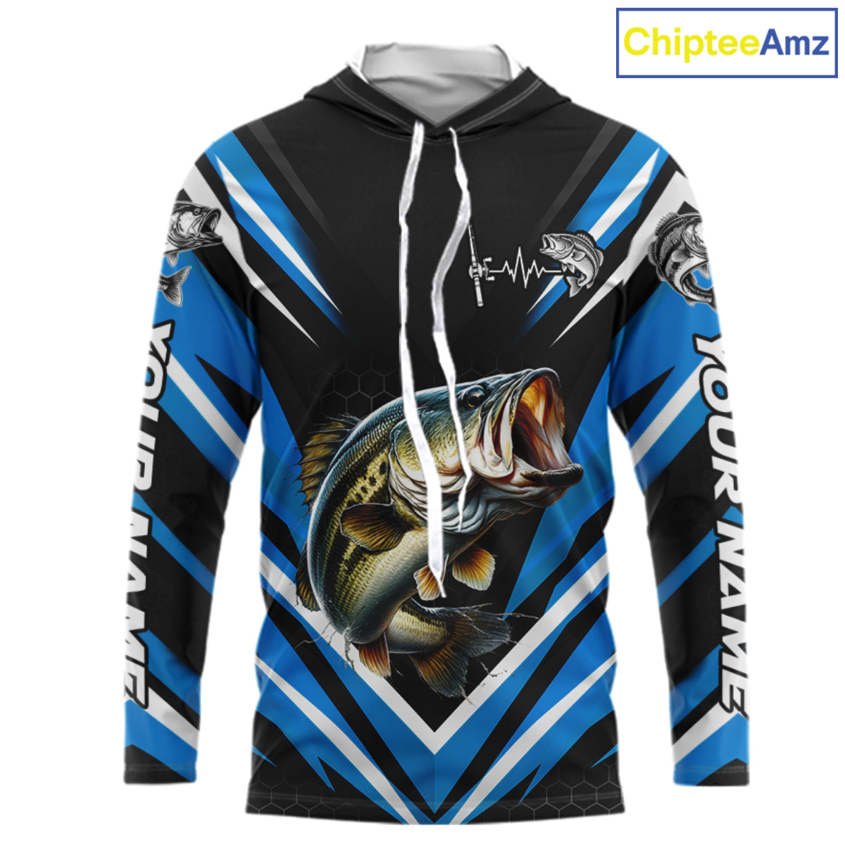 Largemouth Bass Fishing Long Sleeve Hooded Shirt Custom Blue Black Fish Performance Jersey NHT1641