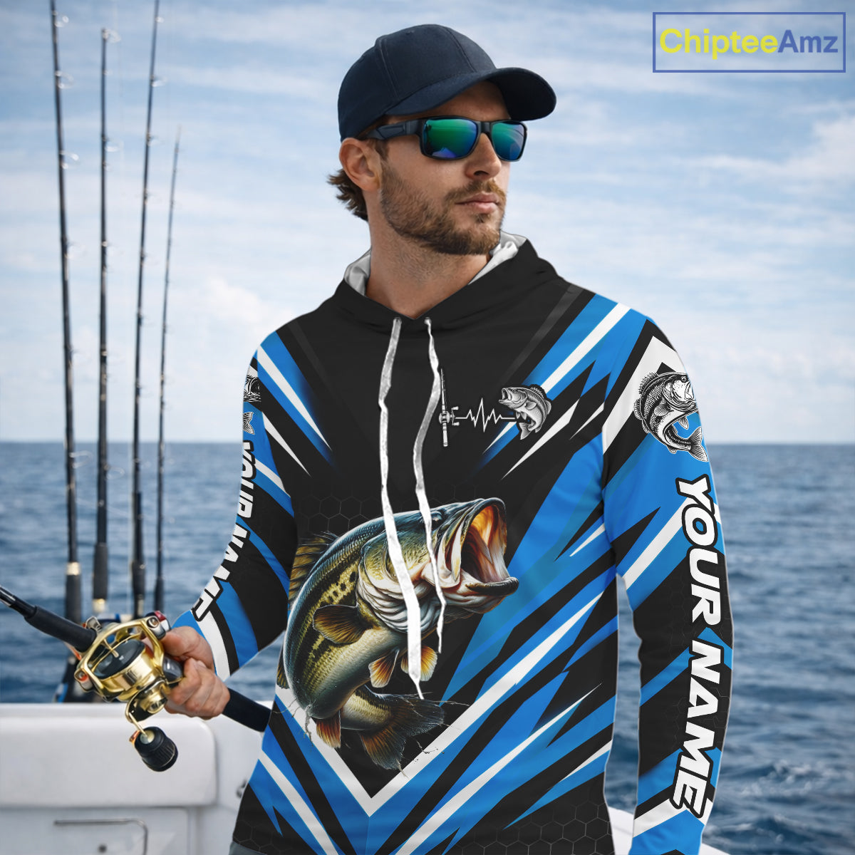 Largemouth Bass Fishing Long Sleeve Hooded Shirt Custom Blue Black Fish Performance Jersey NHT1641