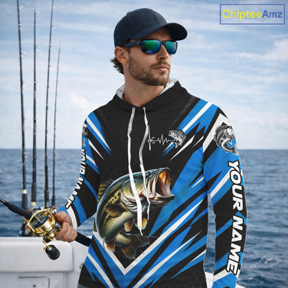 Largemouth Bass Fishing Long Sleeve Hooded Shirt Custom Blue Black Fish Performance Jersey NHT1641