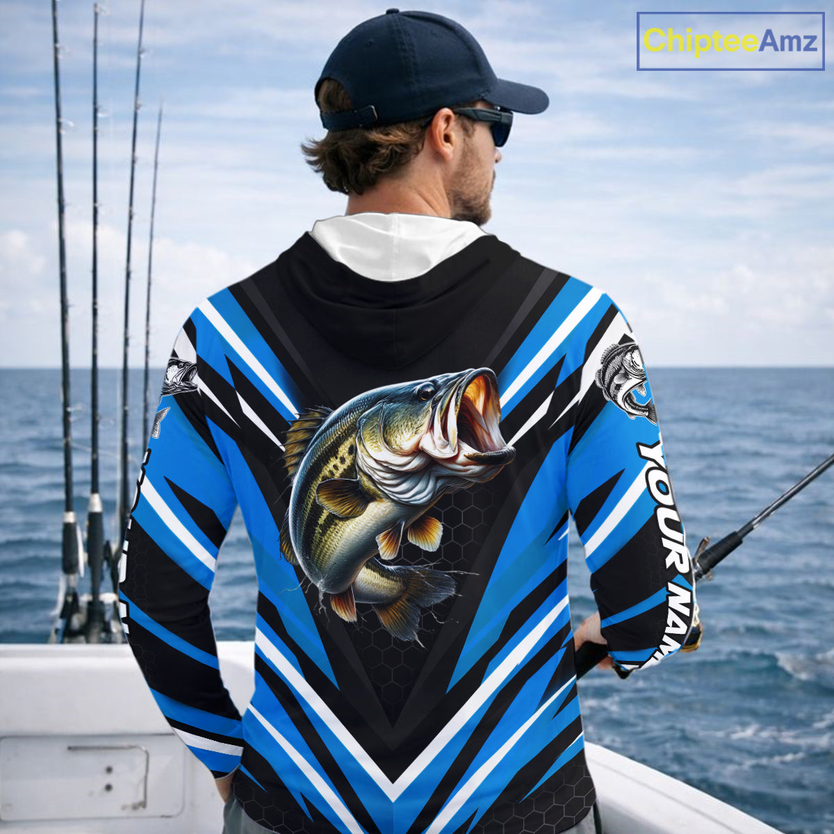 Largemouth Bass Fishing Long Sleeve Hooded Shirt Custom Blue Black Fish Performance Jersey NHT1641