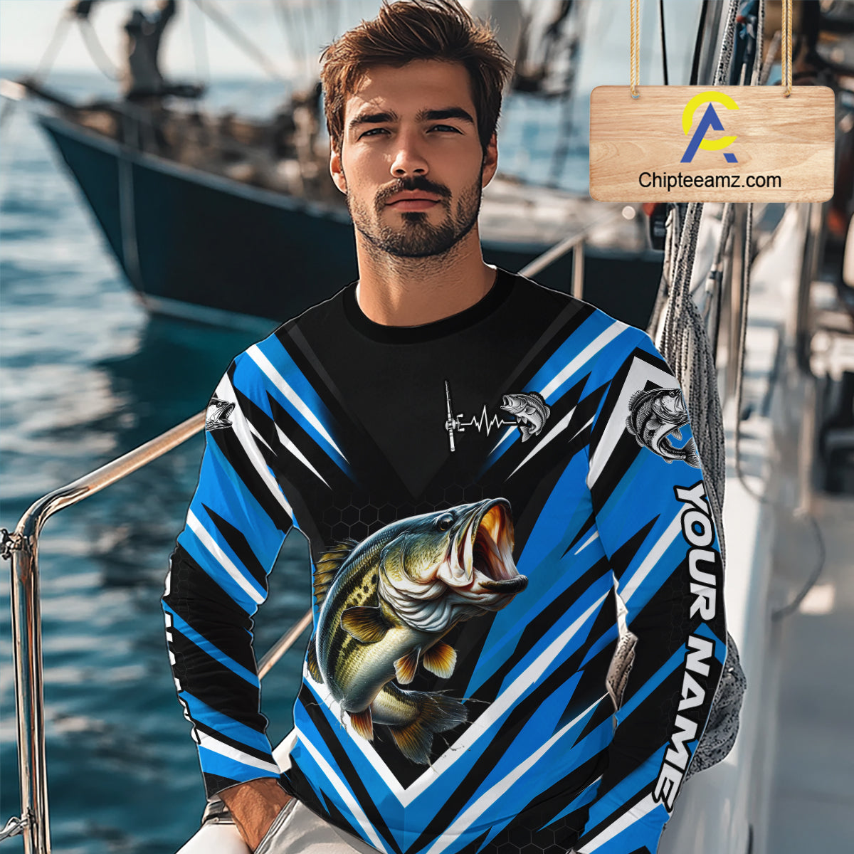 Largemouth Bass Fishing Long Sleeve Shirt Custom Blue Black Fish Performance Jersey NHT1641
