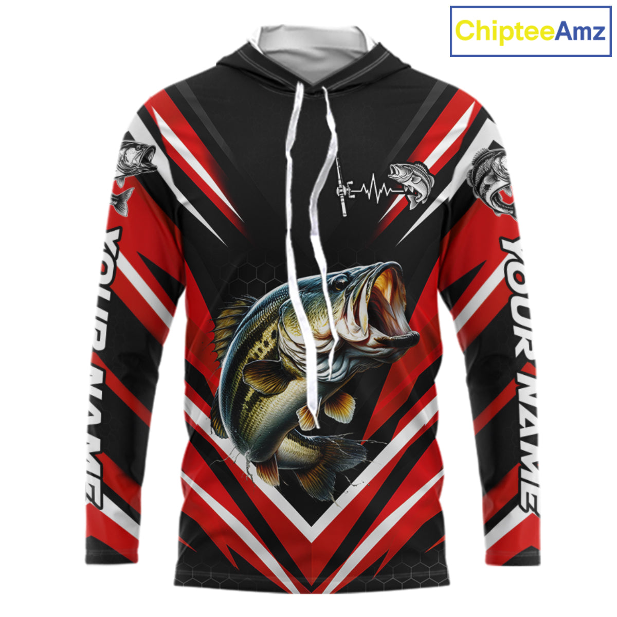 Largemouth Bass Fishing Long Sleeve Hooded Shirt Custom Red Black Fish Performance Jersey NHT1642