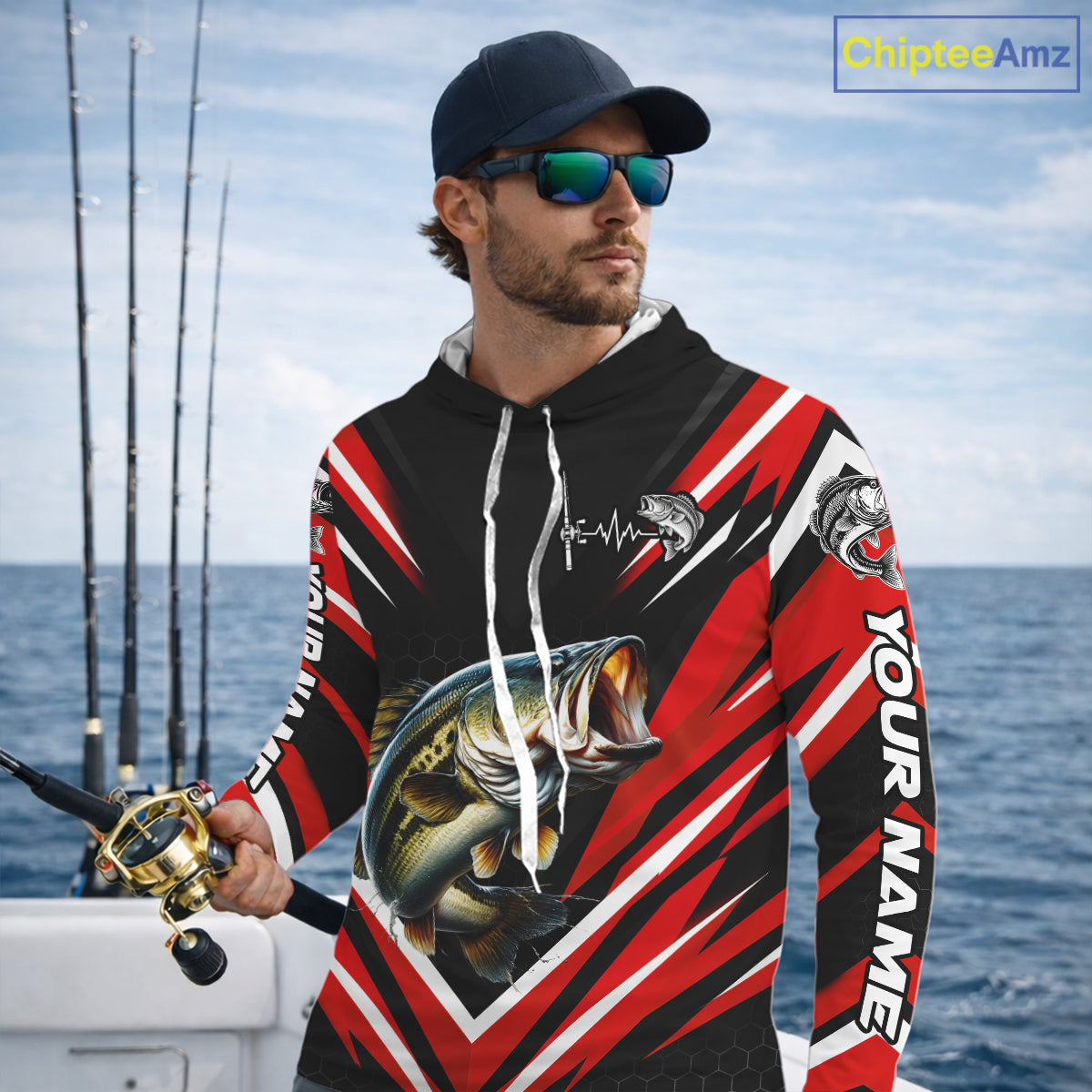 Largemouth Bass Fishing Long Sleeve Hooded Shirt Custom Red Black Fish Performance Jersey NHT1642