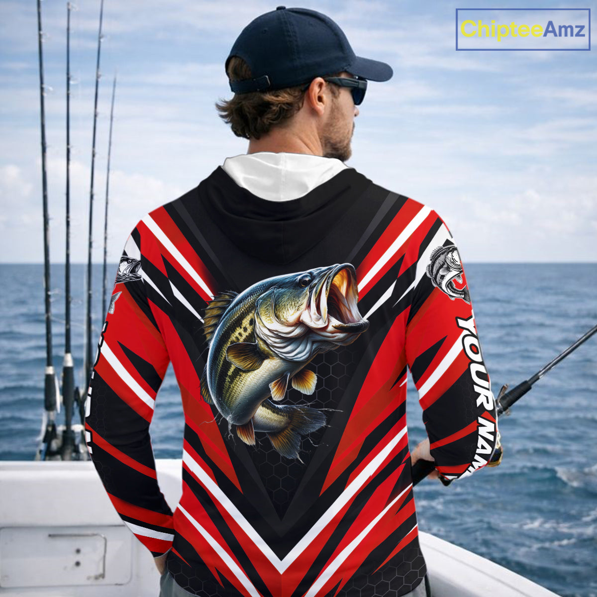 Largemouth Bass Fishing Long Sleeve Hooded Shirt Custom Red Black Fish Performance Jersey NHT1642