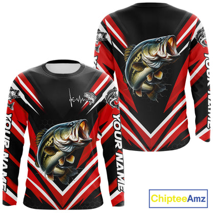 Largemouth Bass Fishing Long Sleeve Shirt Custom Red Black Fish Performance Jersey NHT1642