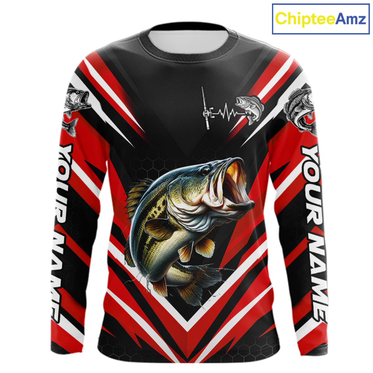 Largemouth Bass Fishing Long Sleeve Shirt Custom Red Black Fish Performance Jersey NHT1642