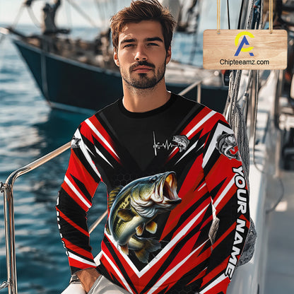 Largemouth Bass Fishing Long Sleeve Shirt Custom Red Black Fish Performance Jersey NHT1642