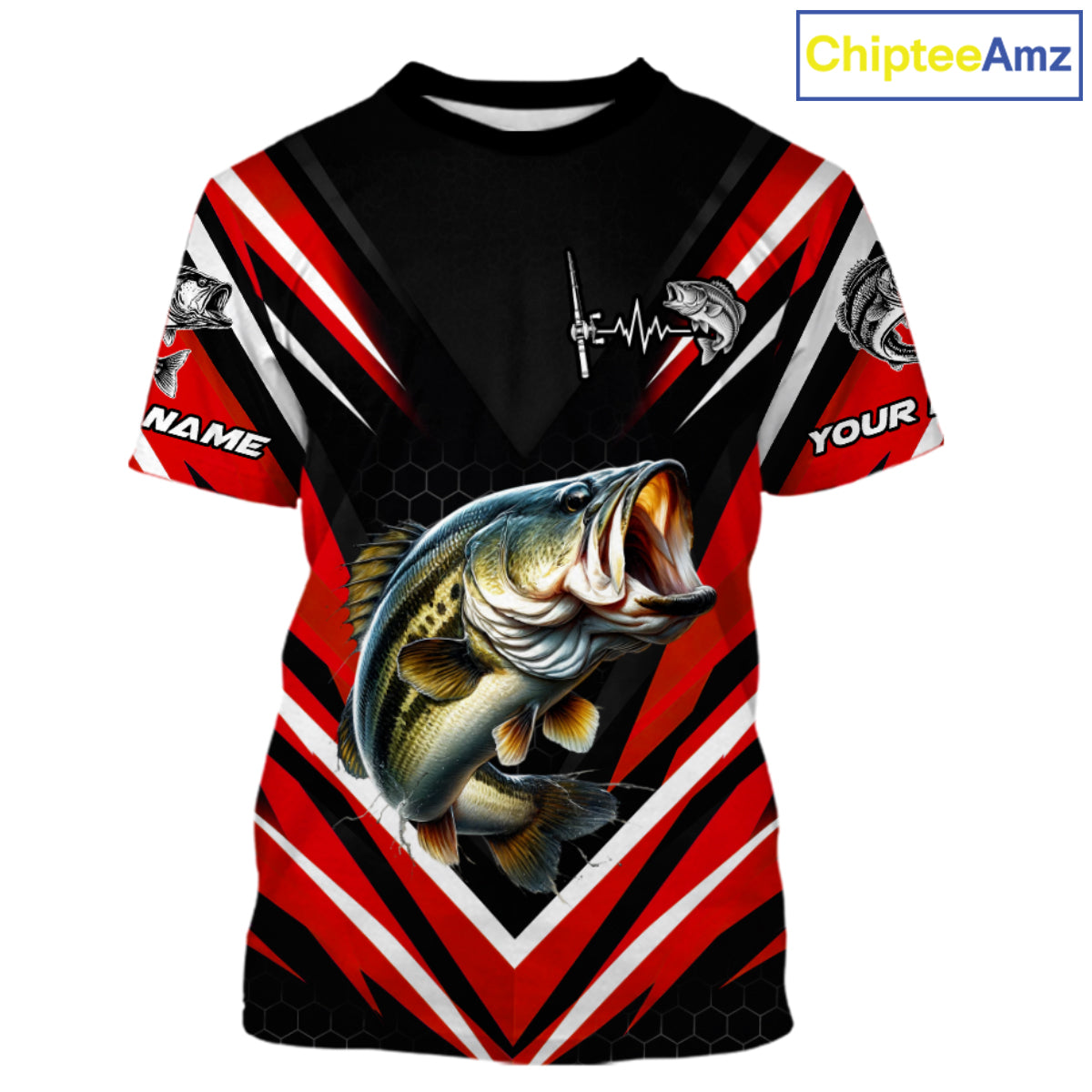 Largemouth Bass Fishing Short Sleeve Shirt Custom Red Black Fish Performance Jersey NHT1642