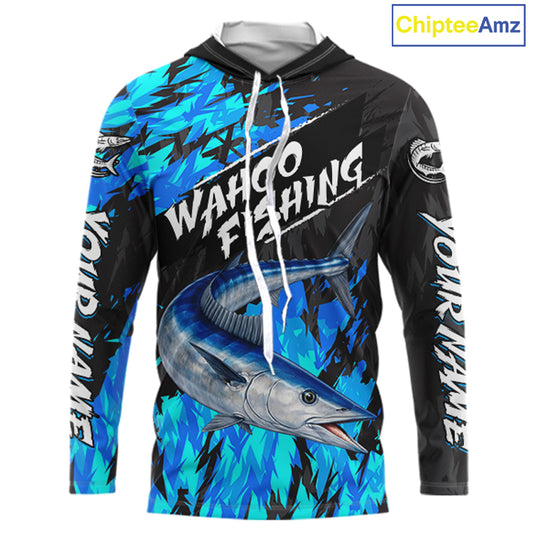 Personalized Wahoo Blue Long Sleeve Performance Fishing Shirts, Fishing Shirt For Men NHT454