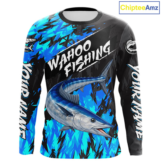 Personalized Wahoo Blue Long Sleeve Performance Fishing Shirts, Fishing Shirt For Men NHT454