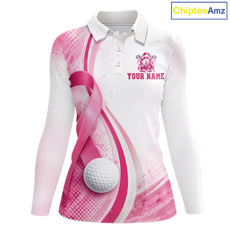 Women Golf Shirt Breast Cancer Awareness Pink Ribbon, Custom Name Team Golf Polo, Golf Gift NHT1491