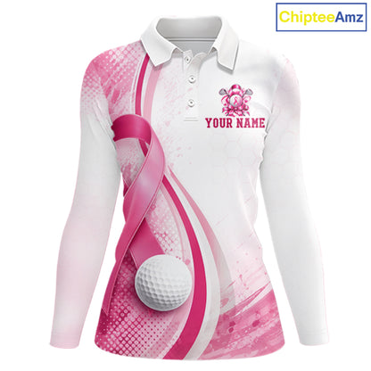 Women Golf Shirt Breast Cancer Awareness Pink Ribbon, Custom Name Team Golf Polo, Golf Gift NHT1491