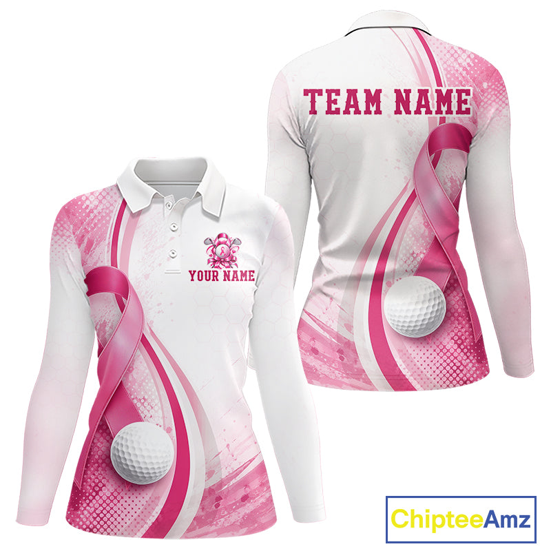Women Golf Shirt Breast Cancer Awareness Pink Ribbon, Custom Name Team Golf Polo, Golf Gift NHT1491
