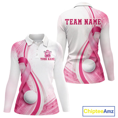 Women Golf Shirt Breast Cancer Awareness Pink Ribbon, Custom Name Team Golf Polo, Golf Gift NHT1491