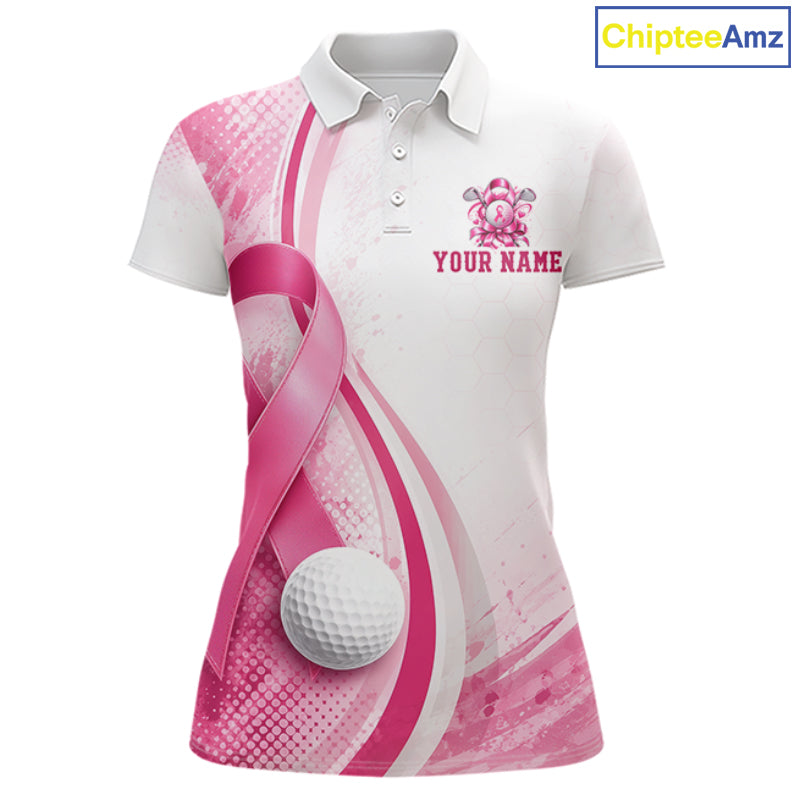 Women Golf Shirt Breast Cancer Awareness Pink Ribbon, Custom Name Team Golf Polo, Golf Gift NHT1491