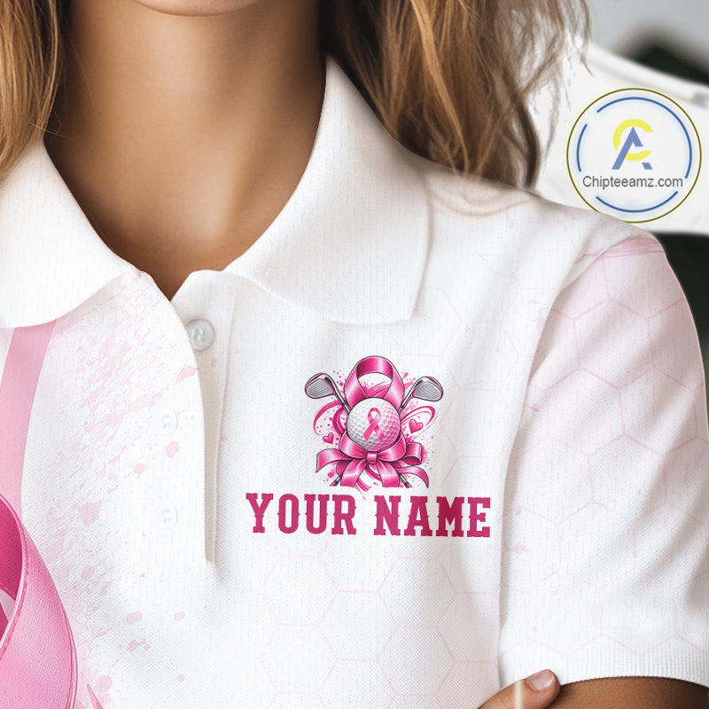 Women Golf Shirt Breast Cancer Awareness Pink Ribbon, Custom Name Team Golf Polo, Golf Gift NHT1491