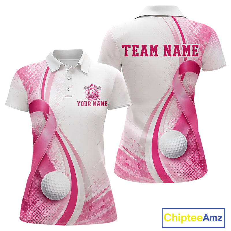 Women Golf Shirt Breast Cancer Awareness Pink Ribbon, Custom Name Team Golf Polo, Golf Gift NHT1491