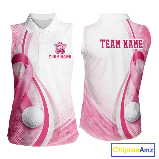Women Sleeveless Golf Shirt Breast Cancer Awareness Pink Ribbon, Custom Name Team Golf Polo, Golf Gift NHT1491