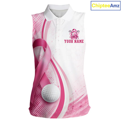 Women Sleeveless Golf Shirt Breast Cancer Awareness Pink Ribbon, Custom Name Team Golf Polo, Golf Gift NHT1491