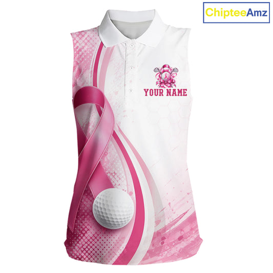 Women Sleeveless Golf Shirt Breast Cancer Awareness Pink Ribbon, Custom Name Team Golf Polo, Golf Gift NHT1491