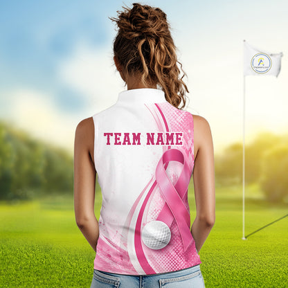 Women Sleeveless Golf Shirt Breast Cancer Awareness Pink Ribbon, Custom Name Team Golf Polo, Golf Gift NHT1491