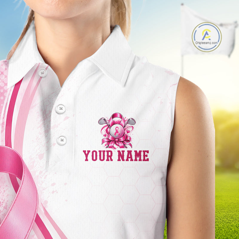 Women Sleeveless Golf Shirt Breast Cancer Awareness Pink Ribbon, Custom Name Team Golf Polo, Golf Gift NHT1491