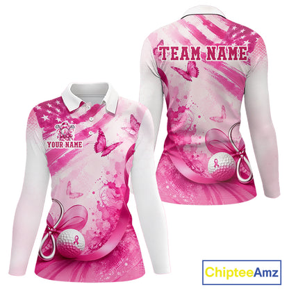 Personalized Women Golf Shirt Breast Cancer Awareness Pink Ribbon, Butterfly Custom Name Team NHT1494
