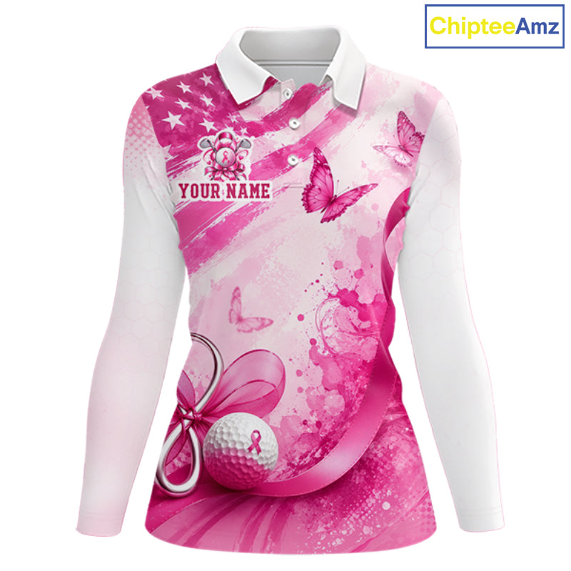 Personalized Women Golf Shirt Breast Cancer Awareness Pink Ribbon, Butterfly Custom Name Team NHT1494