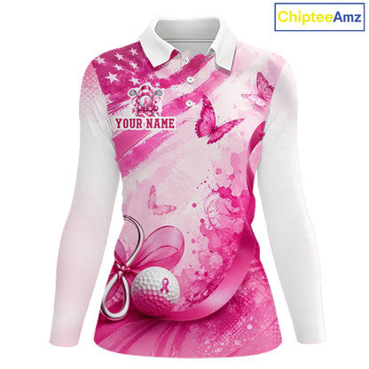 Personalized Women Golf Shirt Breast Cancer Awareness Pink Ribbon, Butterfly Custom Name Team NHT1494