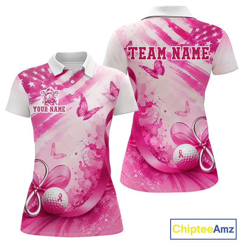 Personalized Women Golf Shirt Breast Cancer Awareness Pink Ribbon, Butterfly Custom Name Team NHT1494