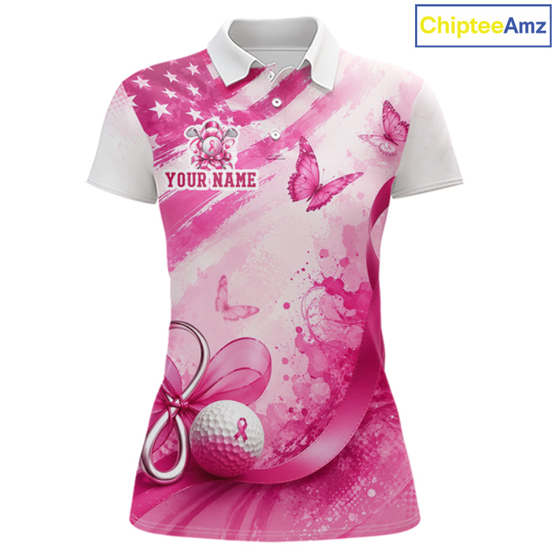 Personalized Women Golf Shirt Breast Cancer Awareness Pink Ribbon, Butterfly Custom Name Team NHT1494
