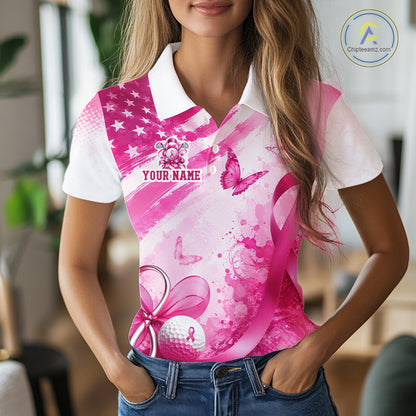 Personalized Women Golf Shirt Breast Cancer Awareness Pink Ribbon, Butterfly Custom Name Team NHT1494