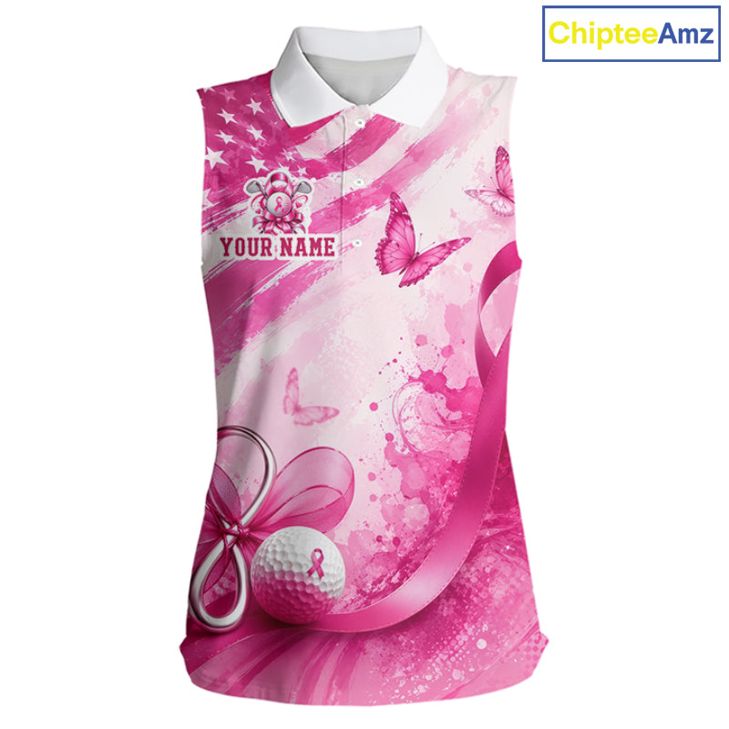 Personalized Women Sleeveless Golf Shirt Breast Cancer Awareness Pink Ribbon, Butterfly Custom Name Team NHT1494