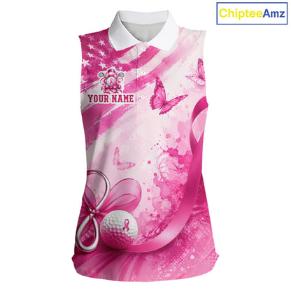 Personalized Women Sleeveless Golf Shirt Breast Cancer Awareness Pink Ribbon, Butterfly Custom Name Team NHT1494