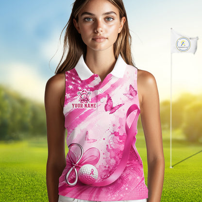 Personalized Women Sleeveless Golf Shirt Breast Cancer Awareness Pink Ribbon, Butterfly Custom Name Team NHT1494